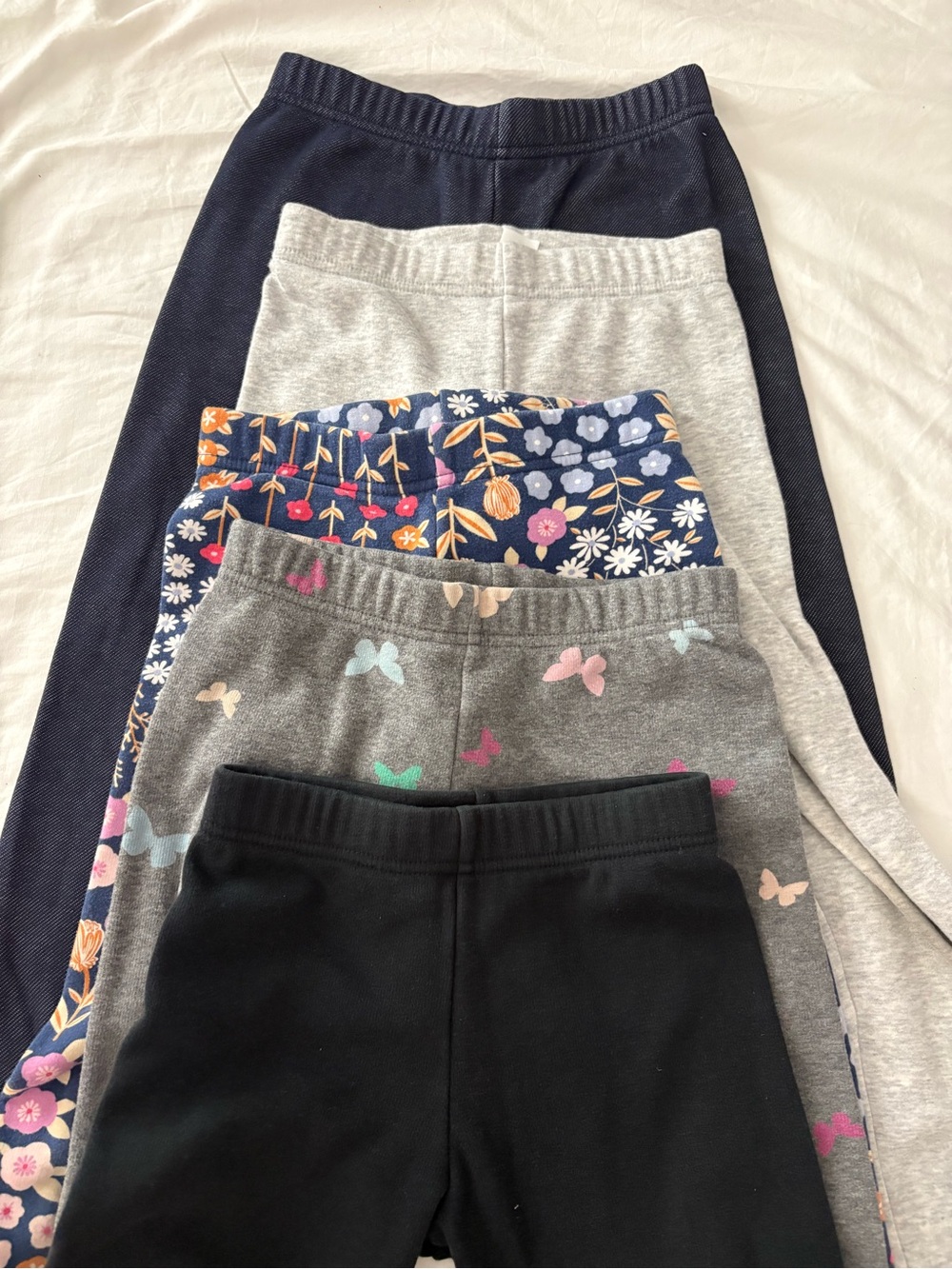Kids 5-Pack Stretch Knit Leggings - Navy, Gray, Floral, Butterfly, Black